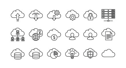 Obraz premium Collection of cloud computing icons in linear style silhouette
