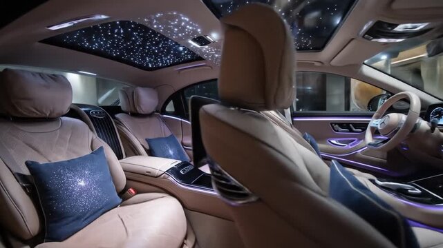 Luxury vehicle interior with illuminated starry sky headliner