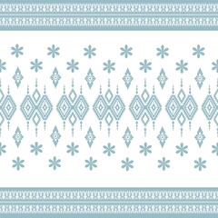 Thai Floral Seamless Pattern in Pastel Blue with Traditional Ornament Borde