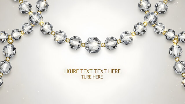 Vector banner layout. Top border is a highly realistic 3D garland/string of clear, multi-faceted crystal beads with subtle gold separators. Clean text space below. Elegant festive border.
