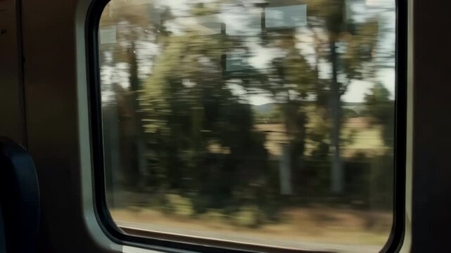View from moving train window looking at passing green countryside landscape with trees and fields