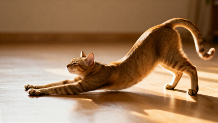 Orange cat stretching on wooden floor in sunlight at home 