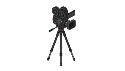 Black camera on a tripod stand recording isolated on a transparent background