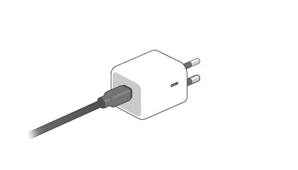 White electrical charger with cord plug isolated on a transparent background