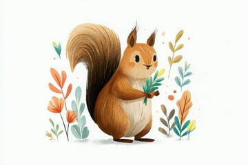 A charming illustration of a squirrel holding a green leaf amidst a vibrant floral background
