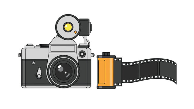 Classic vintage film camera with an external flash attachment stands next to an unrolled 35mm film canister for photography enthusiasts.