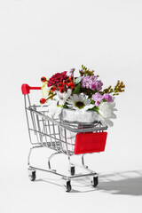 Small shopping cart with beautiful flowers on white background, closeup © Pixel-Shot