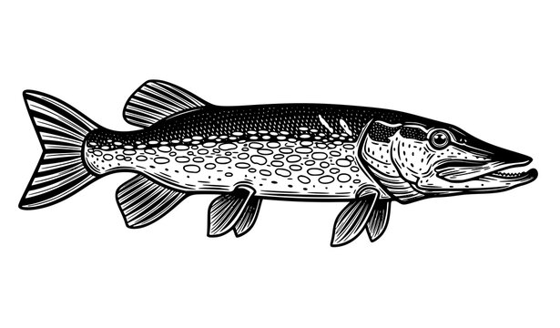 Freshwater pike fish realistic monochrome profile vector