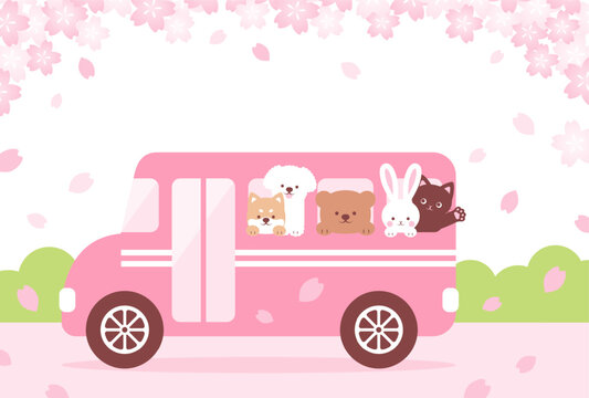spring vector background with pink cherry blossoms and animals on the school bus