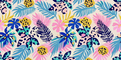 Tropical leaves flowers and animal prints in a vibrant colorful pattern © Tapan