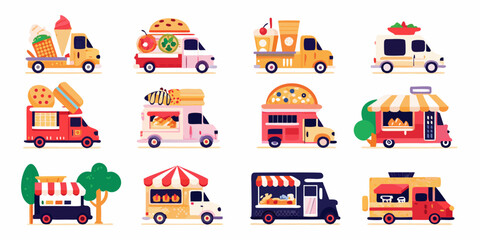 Fototapeta premium Colorful collection of various food trucks selling different treats and meals