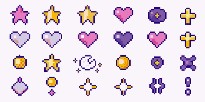 Colorful pixel art icons depicting stars hearts and various symbols