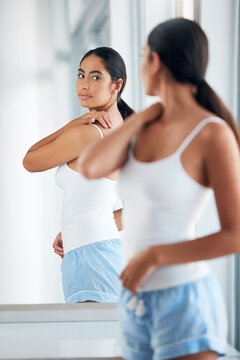 Beauty, woman or check back acne in mirror for treatment results, monitor breakout and body health. Reflection, person and shoulder skin inspection in home for pimples and skincare regimen progress