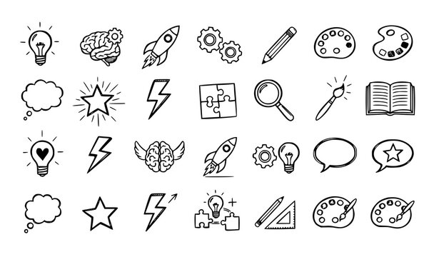 A minimalist vector pack of 32 thin line creativity icons arranged in clean horizontal rows on a solid white background. Includes simple monoline light bulbs, brain icons, gears, rocket symbols, penci