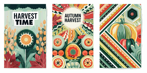 Three decorative autumn banners featuring harvest themes and floral designs © Tapan