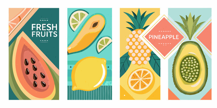 Colorful illustrated panels featuring various tropical fruits like papaya and pineapple