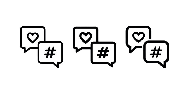 Speech bubble with heart and hashtag icon. social media concept. chat or comment message sign. vector flat illustration.