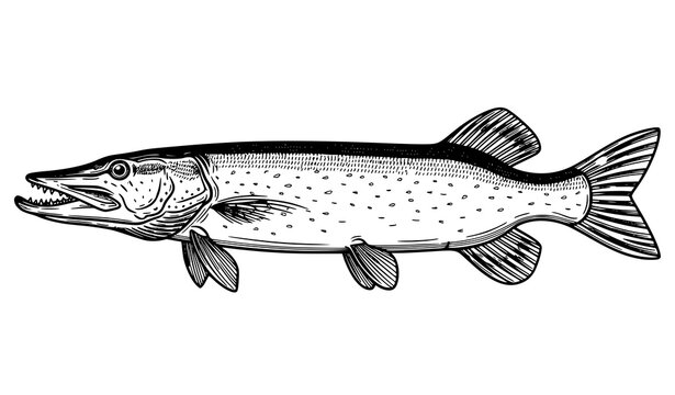 Detailed monochrome pike fish side view vector art