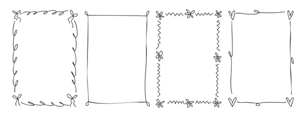 Thin monochrome romantic frames with bows hearts and elegant lines hand drawn line art