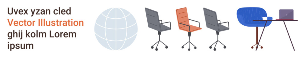 Obraz premium Office design, workspace setup, furniture catalog, modern business, interior planning, corporate space. Series of office chairs, desk and a laptop alongside an abstract globe. Office design