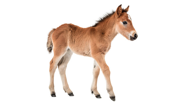Newborn foal walks isolated on transparent background cut out