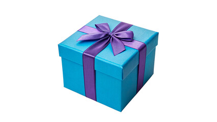 Obraz premium Bright blue gift box with purple ribbon isolated on transparent background cut out
