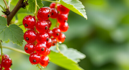 Fototapeta premium Vibrant red currants hanging from lush green branches in a sunlit garden