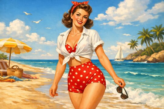 A retro pinup woman strolls along a sunny beach in red polka dot swimwear, exuding playful vintage charm against a backdrop of palm trees, waves, and blue summer sky.