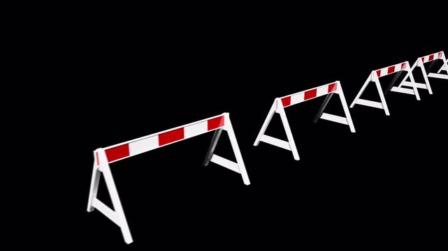 A row of five white and red striped construction barriers, also known as sawhorse barriers, receding into the distance on a solid black background. The barriers are rendered in a clean