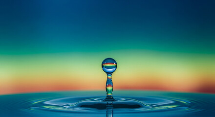 Fototapeta premium Water droplet creates ripples on surface with colorful rainbow reflection at sunset