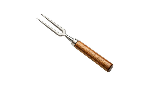 cooking fork with two metal prongs and a wooden handle isolated on transparent background cut out