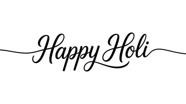 Happy Holi elegant horizontal script typography with decorative underline flourish isolated on white background, minimal indian spring festival greeting banner template 