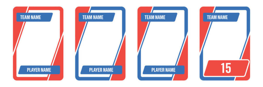 Sport trading card template with isolated 3D vector design, customizable cards featuring athlete or team name text areas and photo placeholders for collectible sports games, fan trading and player col