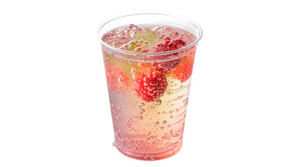 clear cup holds a refreshing drink filled with bubbles and pieces of fruit, including raspberries. isolated on transparent background cut out