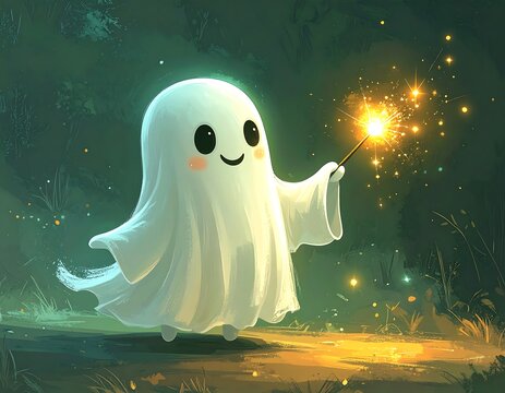 Cute Ghost with Sparkler in Enchanted Forest - A Whimsical Halloween Illustration.