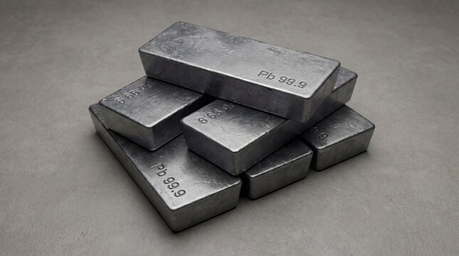 Stack of six shiny silver lead ingots with 'Pb 99.9' purity marking, showcasing raw metal material for industrial and manufacturing concepts