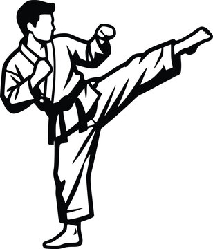 Dynamic Karate Kick Vector Illustration: Martial Arts Action Silhouette for Sports, Fitness, and Combat Training Graphics. Isolated Black and White Graphic.