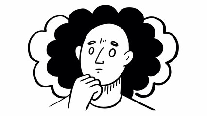 Obraz premium A contemplative individual with curly hair ponders a thought bubble, lost in deep reflection, depicted in a simple illustration