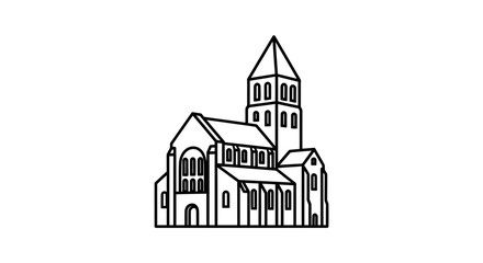 Obraz premium Line Art Drawing of a Romanesque Church Facade with Tower and Arched Windows