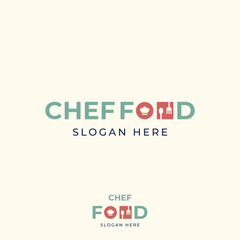 Fototapeta premium Modern pastel logo for a culinary brand, combining a chef hat, plate, and utensils into playful typography with a clean layout, soft colors, and minimalist slogan space.