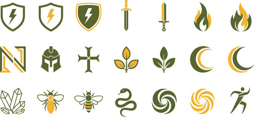 Fantasy Game Icon Set with Shields, Swords, Fire Flames, Magic Symbols, Nature Elements, and Adventure RPG Vector Illustrations Collection © MstMukta