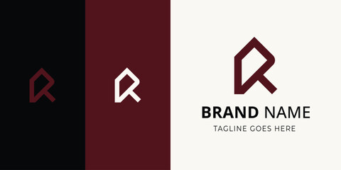 Minimalist geometric R logo with sharp angles and a deep maroon tone, shown on dark and light backgrounds, paired with bold sans-serif typography for a modern, premium brand identity. © kikicandrra
