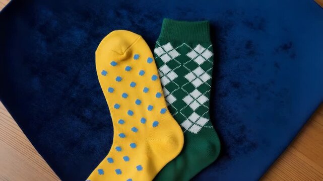 Colorful patterned socks in yellow and green on blue background  