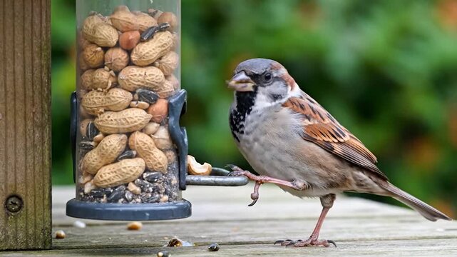 A small house sparrow bird is actively feeding on peanuts from a garden bird