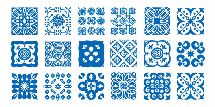 Collection of vibrant blue and white portuguese azulejo tile patterns