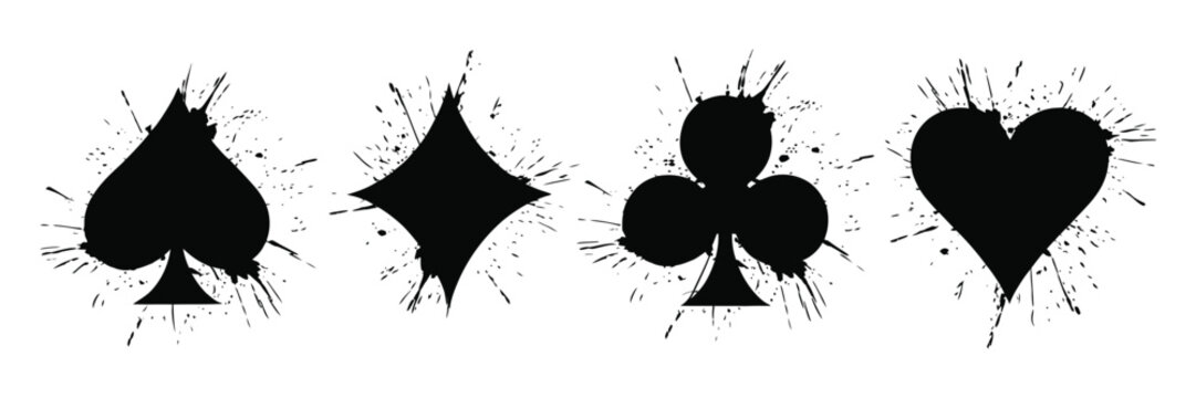 Playing card suits on dynamic splashing background, vector illustration featuring hearts, spades, diamonds and clubs symbols in dramatic motion design for casino, poker and gambling themes