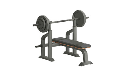 Gray weight bench with barbell on white background isolated on a transparent background