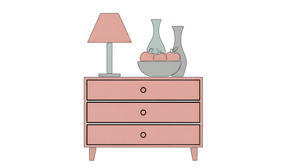 Pink dresser with lamp vases and bowl of apples on isolated on a transparent background