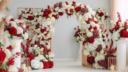 Wedding Floral Arch with Red and White Blooms