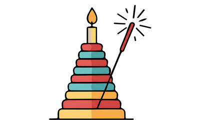 Colorful birthday cake with a lit candle and match isolated on a transparent background